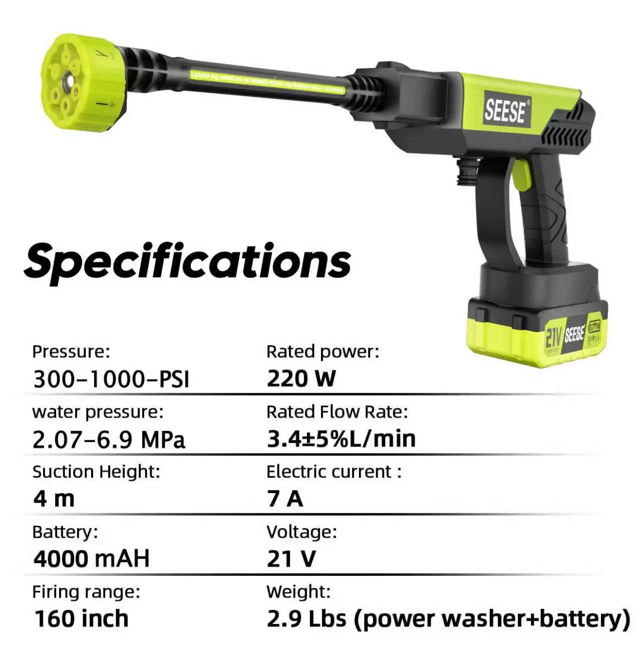 SESE Cordless Pressure Washer with Single Port Charger Base - Portable Cleaning Solution for Vehicles, Home, and Garden Maintenance