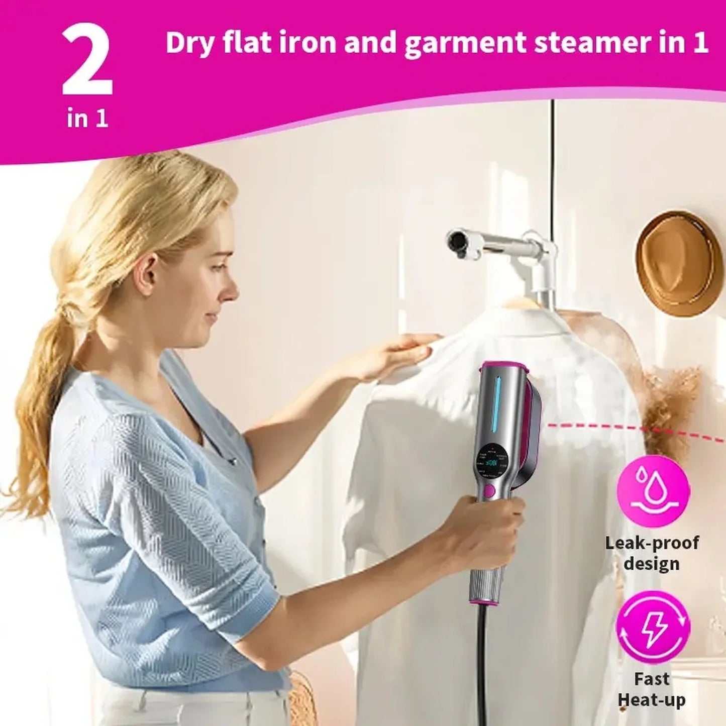 Dr Flash 7-Mode Handheld Garment Steamer, 1200W Portable Travel Steamer with LED Display and 90-Degree Rotatable Handle