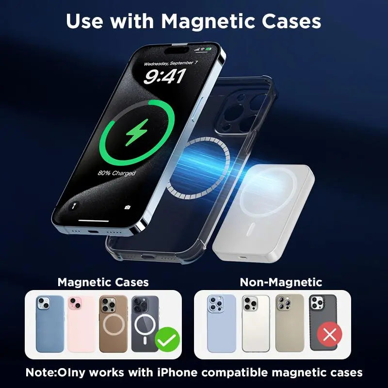 Magnetic Wireless Power Bank 5000mAh – MagSafe-Compatible Portable Charger with Up to 15W Wireless Charging and USB-C PD Up to 20W, Slim Mini Battery Pack for iPhone 12-17 and Qi-Compatible Android Devices (Includes Ring)