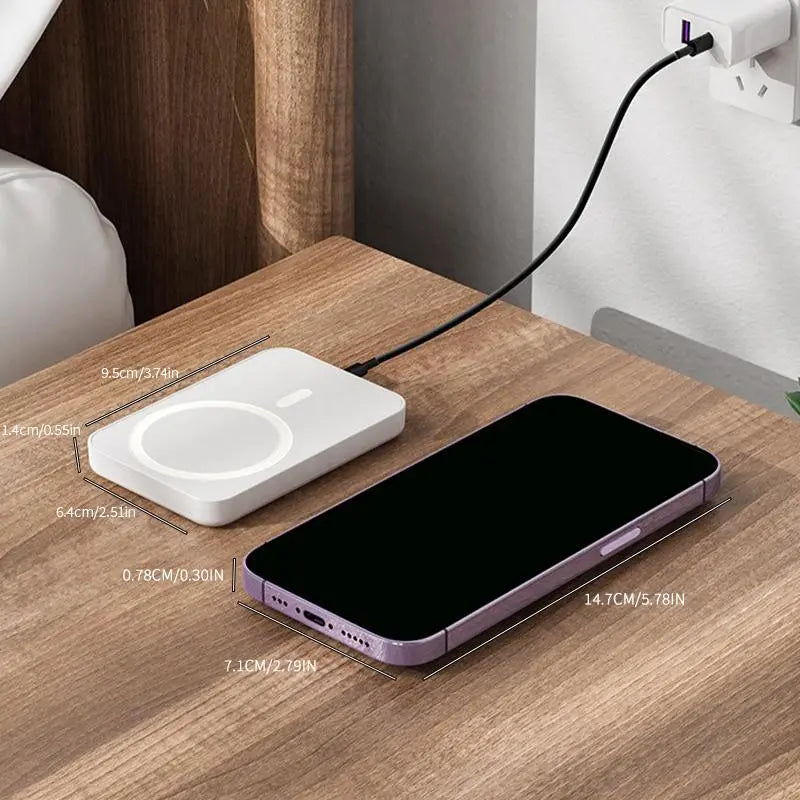Magnetic Wireless Power Bank 5000mAh – MagSafe-Compatible Portable Charger with Up to 15W Wireless Charging and USB-C PD Up to 20W, Slim Mini Battery Pack for iPhone 12-17 and Qi-Compatible Android Devices (Includes Ring)