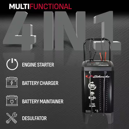 Wheeled Automatic 150A Car Battery Charger and Engine Starter, 20A Boost, 12V for Power Sport, Auto, Marine Batteries